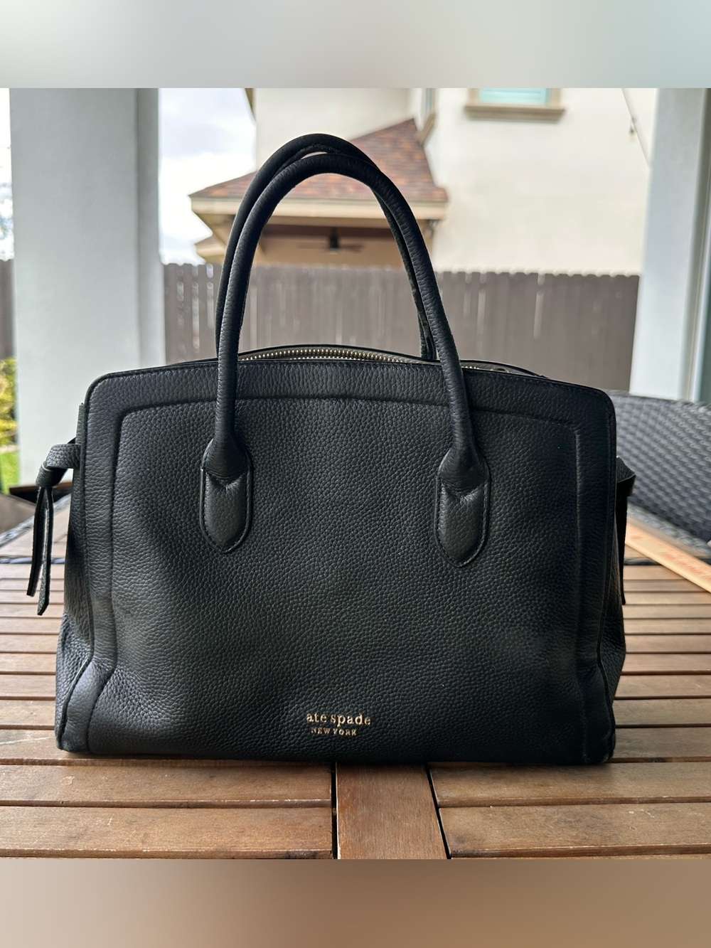 kate spade Black Pebbled Leather Satchel with Gold Logo